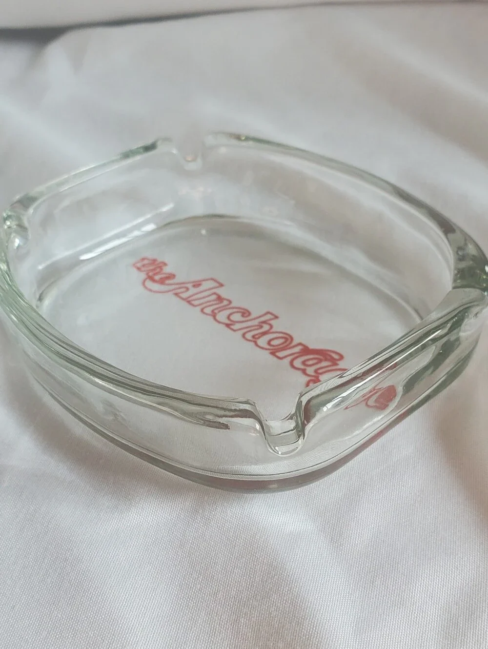 The Anchorage Vintage Clear Glass Ashtray with Red Script Logo Retro MCM EUC